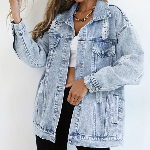 Light Blue Distressed Buttoned Denim Jacket - Picture 1 of 4